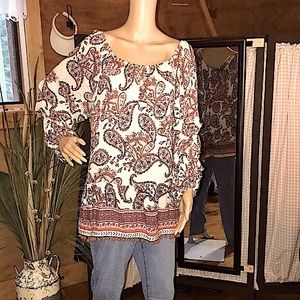 DEMOCRACY Paisley Peplum Tunic w/Pom Poms Sz1X-EUC